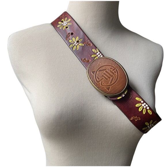 El Cid Embossed Leather Belt Vintage Tooled Brass Belt Buckle Western Rodeo Boho